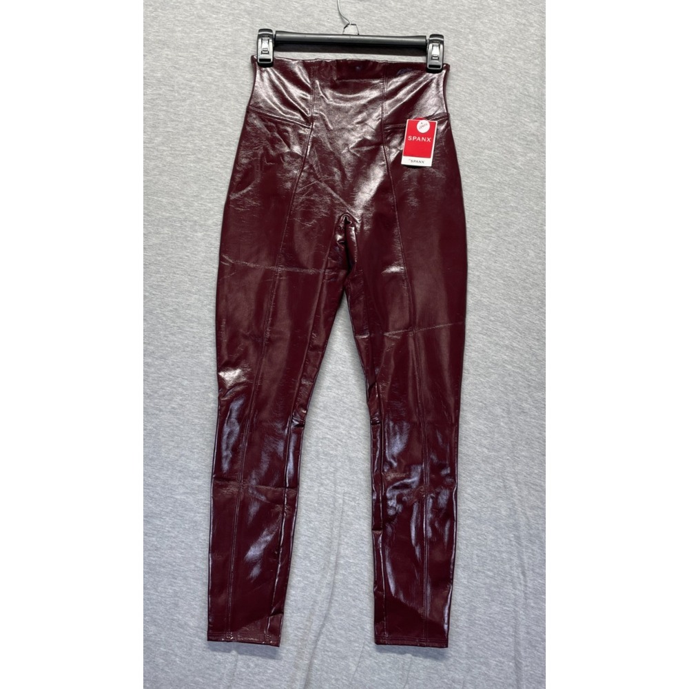 Spanx Faux Patent Leggings Women Small Petite Burgundy Lined Skinny Leg Athletic
